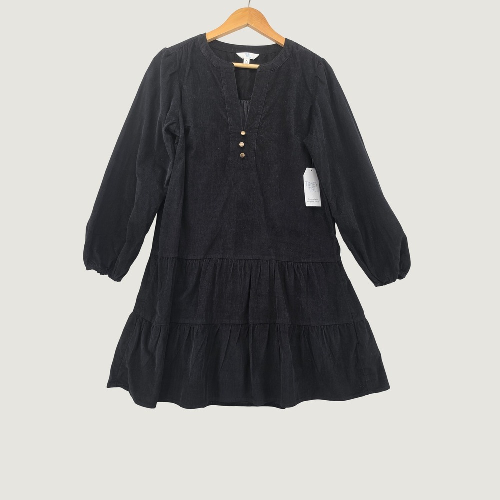 Time and Tru Black Corduroy Tiered Mini Dress Long Sleeve Cotton Boho SM 4-6 NWT